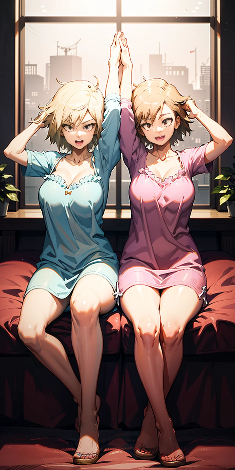 2girls (twins), sitting on red bed , arms raised in the air , front view, cute, android 18, blonde hair, shor hair, wearing pink nightgown
