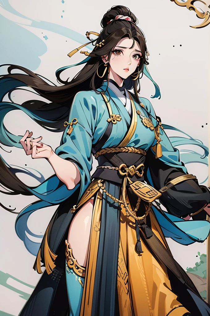 1Homem usando roupas antigas hunfa wuxia, cabelos negros longos, Sedoso, olhar selvagem, viril e bonito, roupas cor negra, male-looking man, arrogante, gesturing with his left hand and wielding a long sword with his right hand, (corpo inteiro)arte detalhada, epics