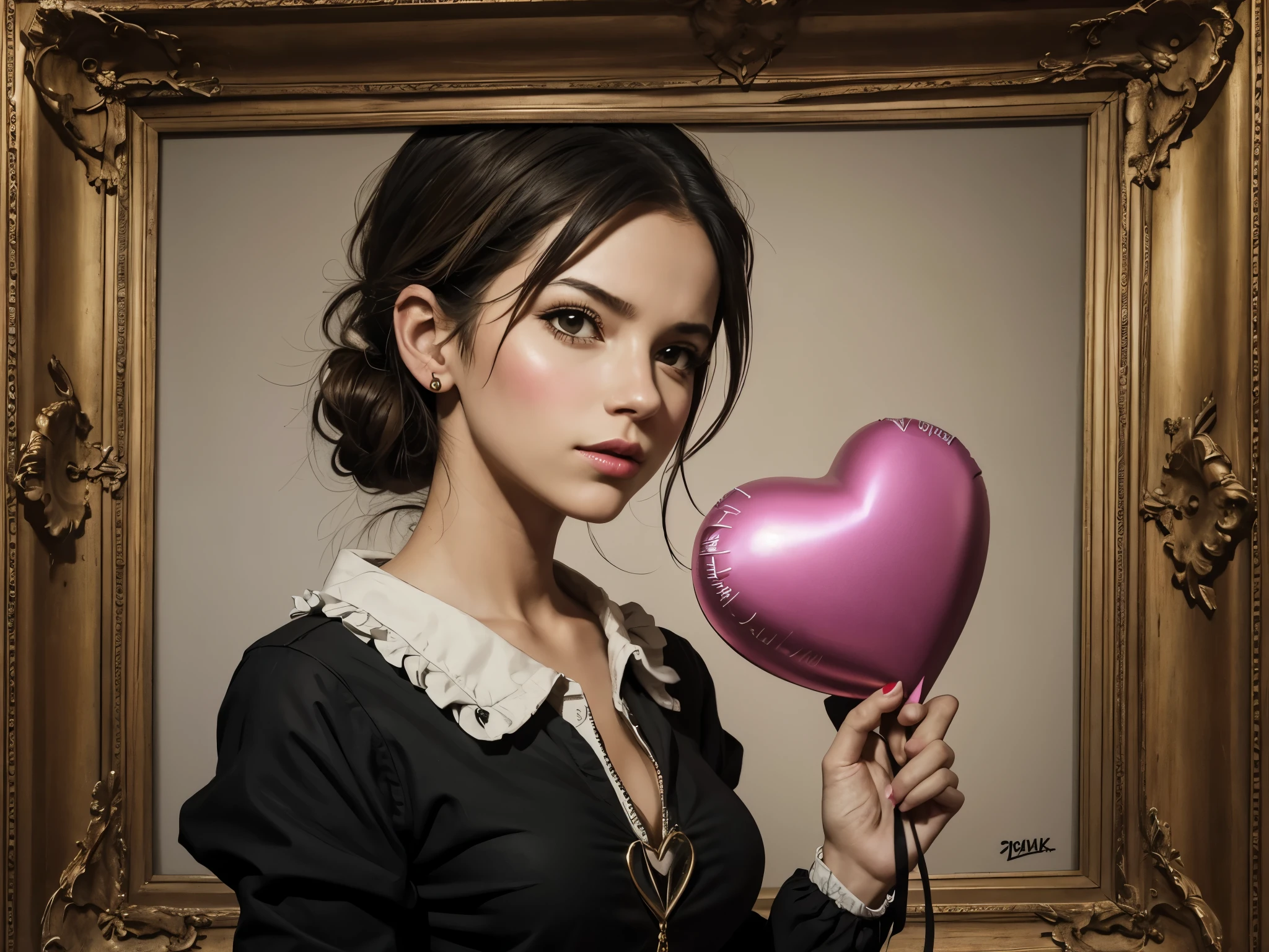 banksy art, beautiful girl holding a heart ballon, dramatic, portrait