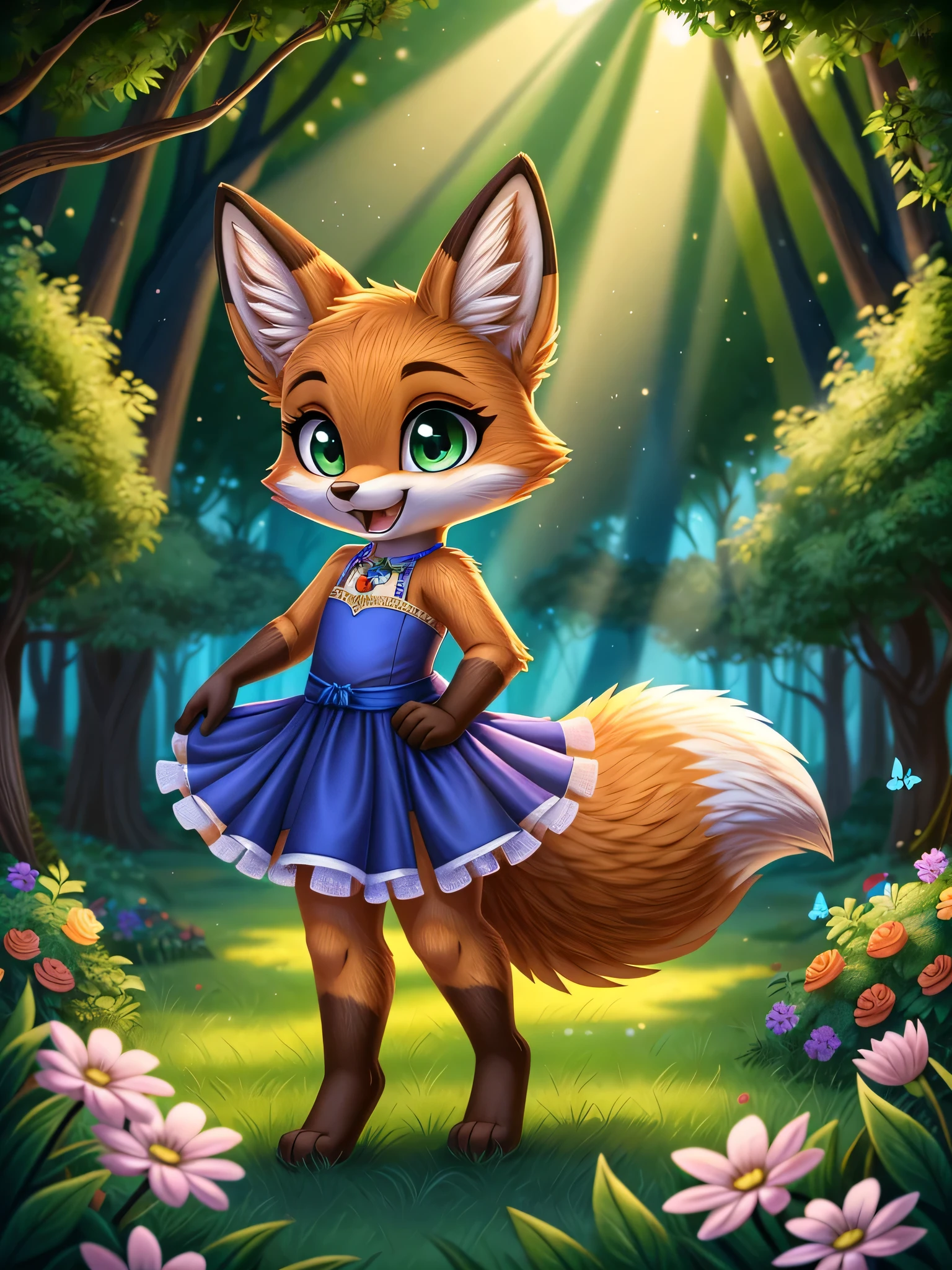 zoomed out image, cute style art, fantasy style art, cute, adorable, short character, small, tiny little fluffy female red fox with green eyes, long eyelashes, long big fox tail, wearing a light teal frilly ribbon dress, smiling, dancing in a colorful fantasy forest, soft tones, big expressive smile, open mouth, wide eyes, excited eyes, excited face, stunning visuals, sunlight coming through the trees, flowers scattered in the bushes, butterflies in the air, digital illustration