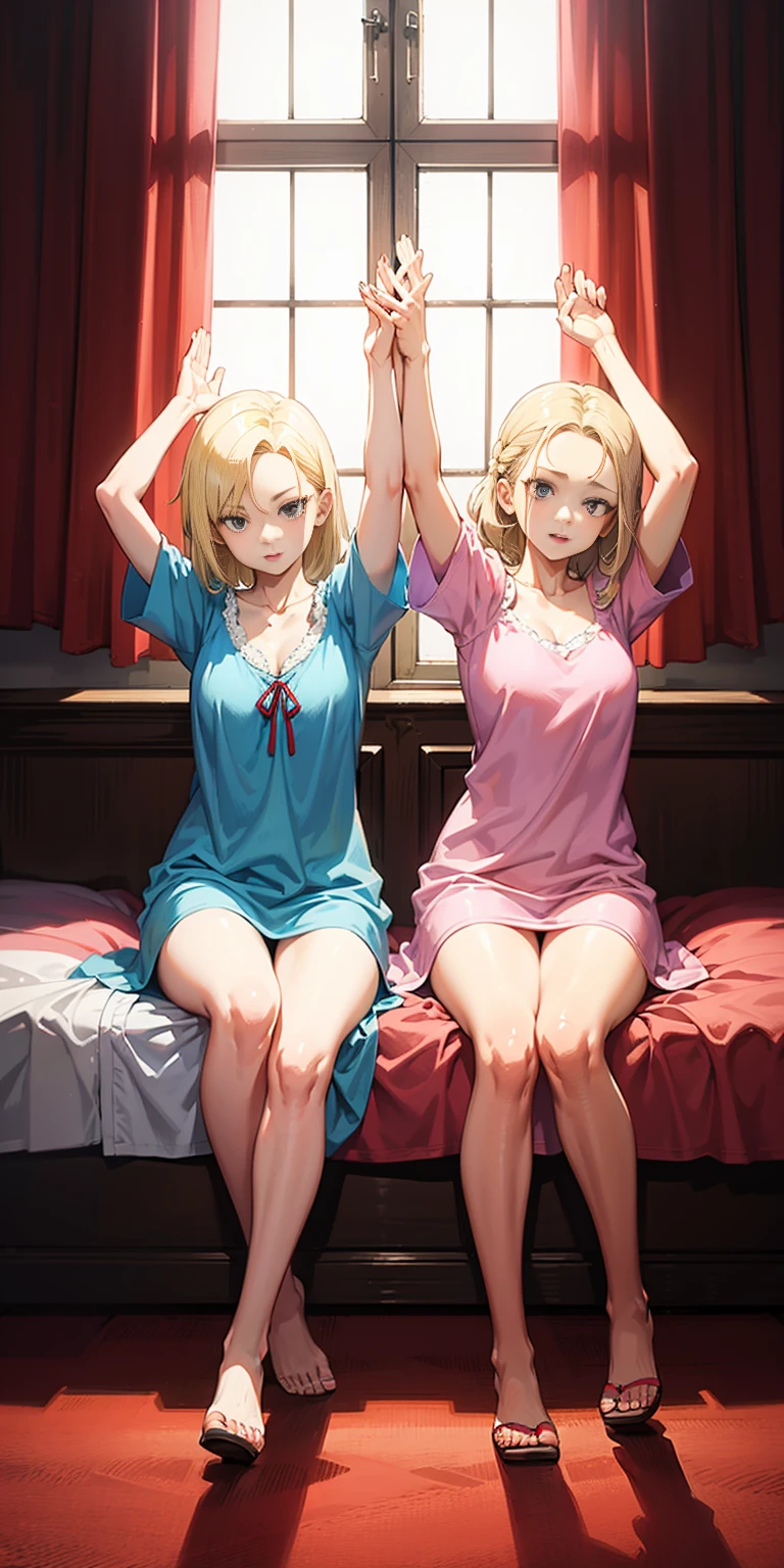2girls (twins), sitting on red bed , arms raised in the air , front view, cute, android 18, blonde hair, shor hair, wearing pink nightgown