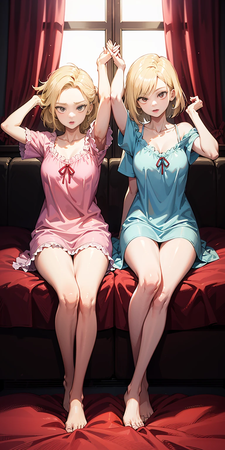 2girls (twins), sitting on red bed , arms raised in the air , front view, cute, android 18, blonde hair, shor hair, wearing pink nightgown
