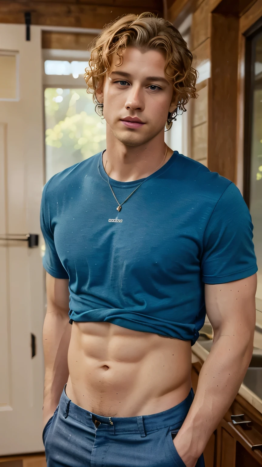 very handsome guy, wearing casual clothes, has blond curly hair, blue eyes, has a serious expression and is muscular, full body, watercolor style, looks like jeremy white,