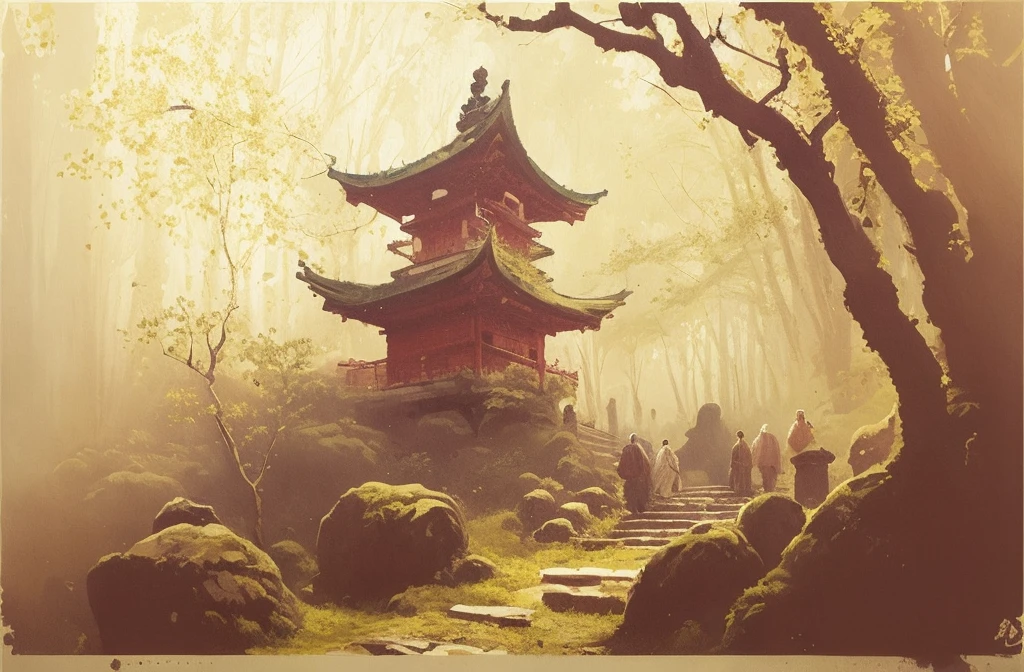 there a painting of a pagoda in the woods with people walking, inspired by Raphael Lacoste, feudal japan art, makoto sinkai, style of raphael lacoste, andreas rocha style, martin raphael lacoste, akihiko yoshida”, by Torii Kiyomasu, by Andreas Rocha, traditional japanese concept art, by Raphael Lacoste