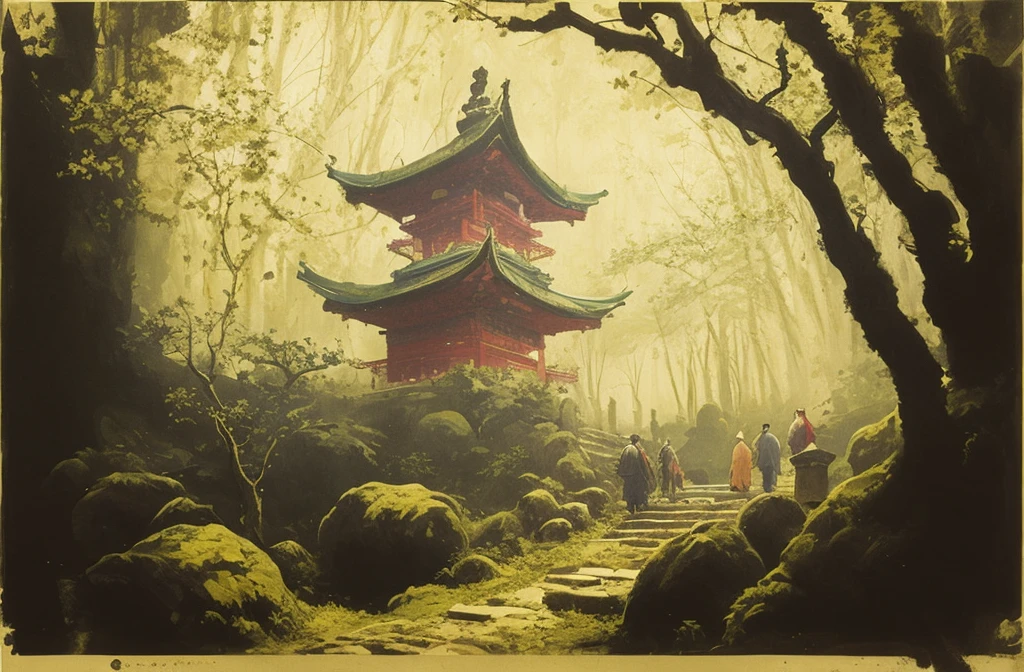 there a painting of a pagoda in the woods with people walking, inspired by Raphael Lacoste, feudal japan art, makoto sinkai, style of raphael lacoste, andreas rocha style, martin raphael lacoste, akihiko yoshida”, by Torii Kiyomasu, by Andreas Rocha, traditional japanese concept art, by Raphael Lacoste