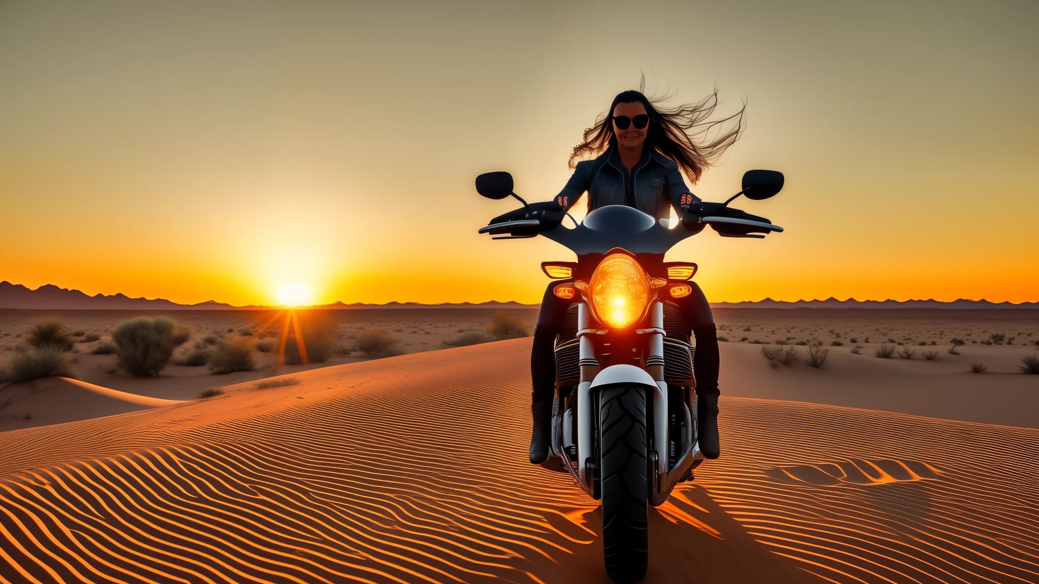 Sunset, motorcycle in desert, female rider on Harley, straight-on angle, long swaying hair, photographic style,   --auto --s2
