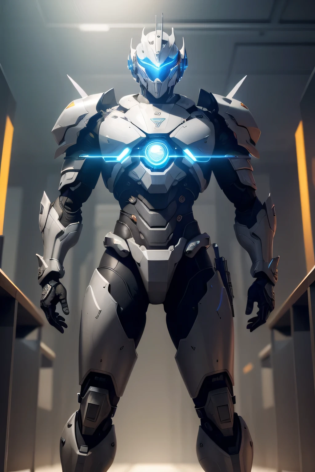 Create a digital masterpiece of a male robot with stunning bull-inspired armor. The armor should be predominantly gold with blue details. Deve ter olhos brilhantes e possuir um corpo bem robusto, ethereal light. The background should show a panoramic view of the Earth, in a clear sky. Lighting should use two-tone lighting techniques, com destaque para uma grande abertura, ISO baixo, and proper white balance. The composition must follow the rule of thirds. Pose and armor must show perfect proportions. The image must be rendered in 8K RAW using advanced technologies such as HDR, Rastreamento de raio, NVIDIA RTX, Super resolution, irreal 5, underground dispersal, PBR texturing, post-processing, Anisotropic filtering, profundidade de campo, Maximum contrast and clarity, Texturas multicamadas, Maps albedo and specular detection, Surface shading, Accurate simulation of light-material interaction, and efficient subpixel convolution. The final artwork must encapsulate the essence of the cyberpunk aesthetic, maintaining the beauty and elegance of the bull-inspired design. Male close-up including full body mechanical armor，fundo preto, Mecha Cyber Armor, mecha inspiration, BlueShift rendering, intrincada armadura mecha brilhante, Mech macho, Armadura Espacial, high definition cg society, cyberpunk anime mecha masculino, detailed cosmic angelic robot, cyber mech, Arte digital altamente detalhada em 4k, Terno Mecha，obra-prima，hiper HD，Cg rendering