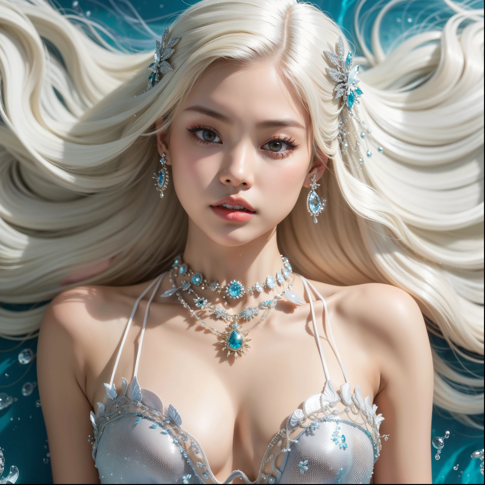 um close up de jennie kim com longos cabelos brancos usando um vestido, sereia bonita, trends on cgstation, fantasy closeup with water magic, rainha do mar jennie kim, linda arte digital, Estilo de arte fantasia, exquisite digital illustration, jennie blackpink, jennie com cabelo branco, cabelo longo branco detalhado, Arte detalhada de alta qualidade 8k, de cabelos brancos
