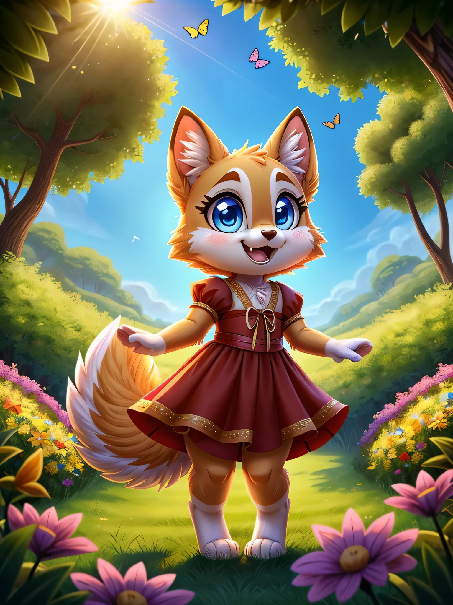 zoomed out image, cute style art, fantasy style art, cute, adorable, short character, small, tiny little fluffy female dog with blue eyes, long eyelashes, long fluffy tail, wearing a red frilly ribbon dress, smiling, standing on two feet in a colorful fantasy forest, soft tones, big expressive smile, open mouth, wide eyes, excited eyes, excited face, stunning visuals, sunlight coming through the trees, flowers scattered in the bushes, butterflies in the air, digital illustration