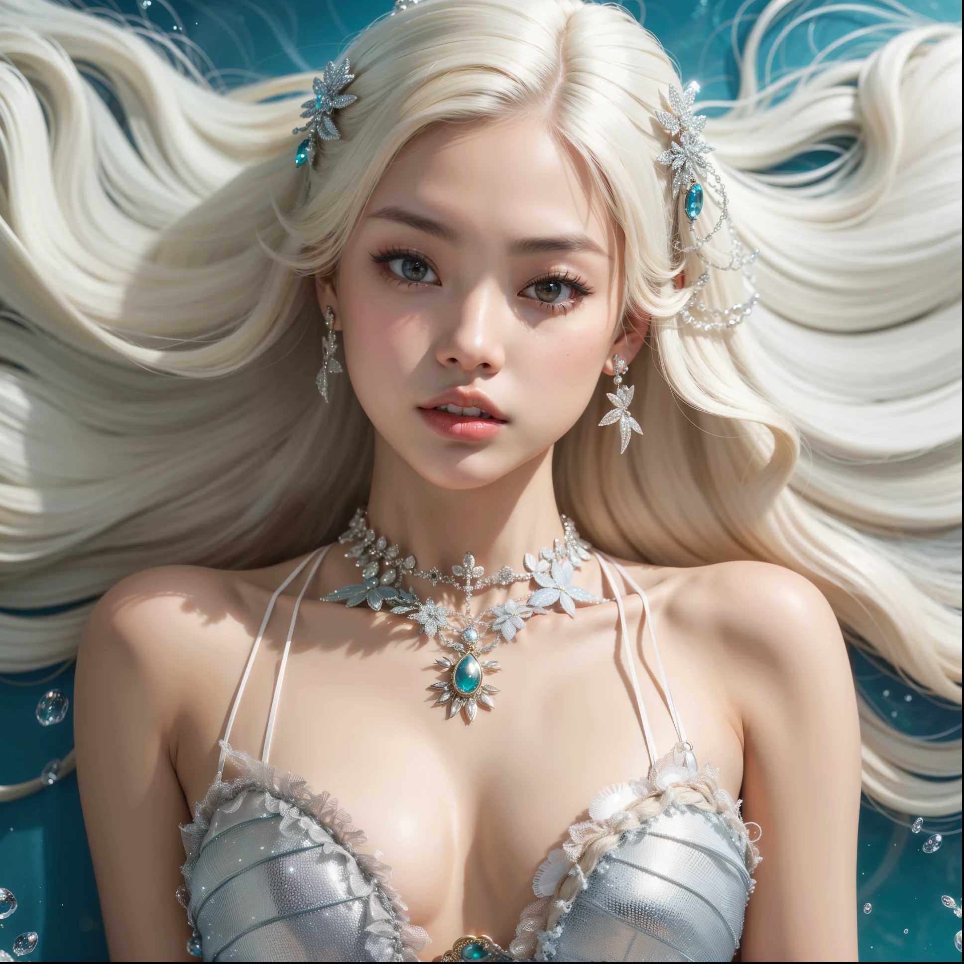 um close up de jennie kim com longos cabelos brancos usando um vestido, sereia bonita, trends on cgstation, fantasy closeup with water magic, rainha do mar jennie kim, linda arte digital, Estilo de arte fantasia, exquisite digital illustration, jennie blackpink, jennie com cabelo branco, cabelo longo branco detalhado, Arte detalhada de alta qualidade 8k, de cabelos brancos