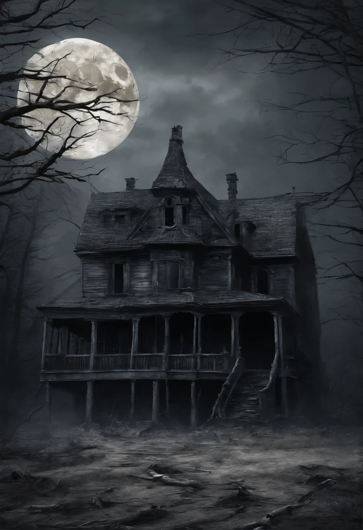 old dilapidated three-story wooden house in the distance with a balcony and terrace, the road to the house covered with the roots of old dried trees, night, big moon, bats, tense atmosphere, (Best Quality, 16K, Masterpiece, Ultra HD:1.3, Huge detail, hyper realistic, epic scale, insane level of details)