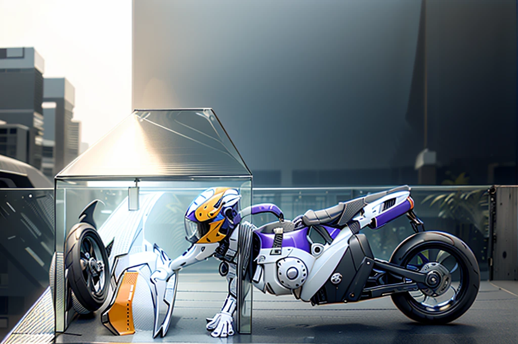 Ultra high resolution, extremely detailed raw photograph, close-up, (half transformation), human purple gold motorcycle shiny smooth liquid metal motorcycle hybridization metamorphosis, in garage, (half human), ((liquid polyvinyl goo partial encasement)), human motorcycle hybrid