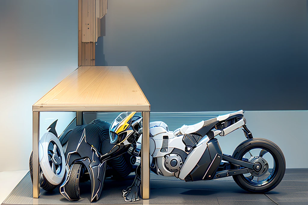 Ultra high resolution, extremely detailed raw photograph, close-up, (half transformation), human purple gold motorcycle shiny smooth liquid metal motorcycle hybridization metamorphosis, in garage, (half human), ((liquid polyvinyl goo partial encasement)), human motorcycle hybrid