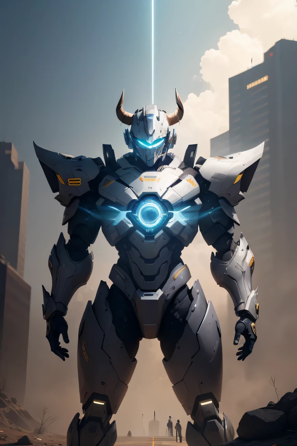 Create a digital masterpiece of a male robot with stunning bull-inspired armor. The armor should be predominantly white with details in blue and gold. The mecha must be in a dynamic flying pose, diving from space towards the viewer. Deveria ter olhos brilhantes e possuir um corpo bem robusto, ethereal light. The background should show a panoramic view of the Earth, uma nebulosa, and the vastness of space with vibrant particles and colors. Lighting should use two-tone lighting techniques, com destaque para uma grande abertura, ISO baixo, and proper white balance. The composition must follow the rule of thirds, e o mecha'Pose and armor must show perfect proportions. The image must be rendered in 8K RAW using advanced technologies such as HDR, Rastreamento de raio, NVIDIA RTX, Super resolution, irreal 5, underground dispersal, PBR texturing, post-processing, Anisotropic filtering, profundidade de campo, Maximum contrast and clarity, Texturas multicamadas, Maps albedo and specular detection, Surface shading, Accurate simulation of light-material interaction, and efficient subpixel convolution. The final artwork must encapsulate the essence of the cyberpunk aesthetic, maintaining the beauty and elegance of the bull-inspired design.