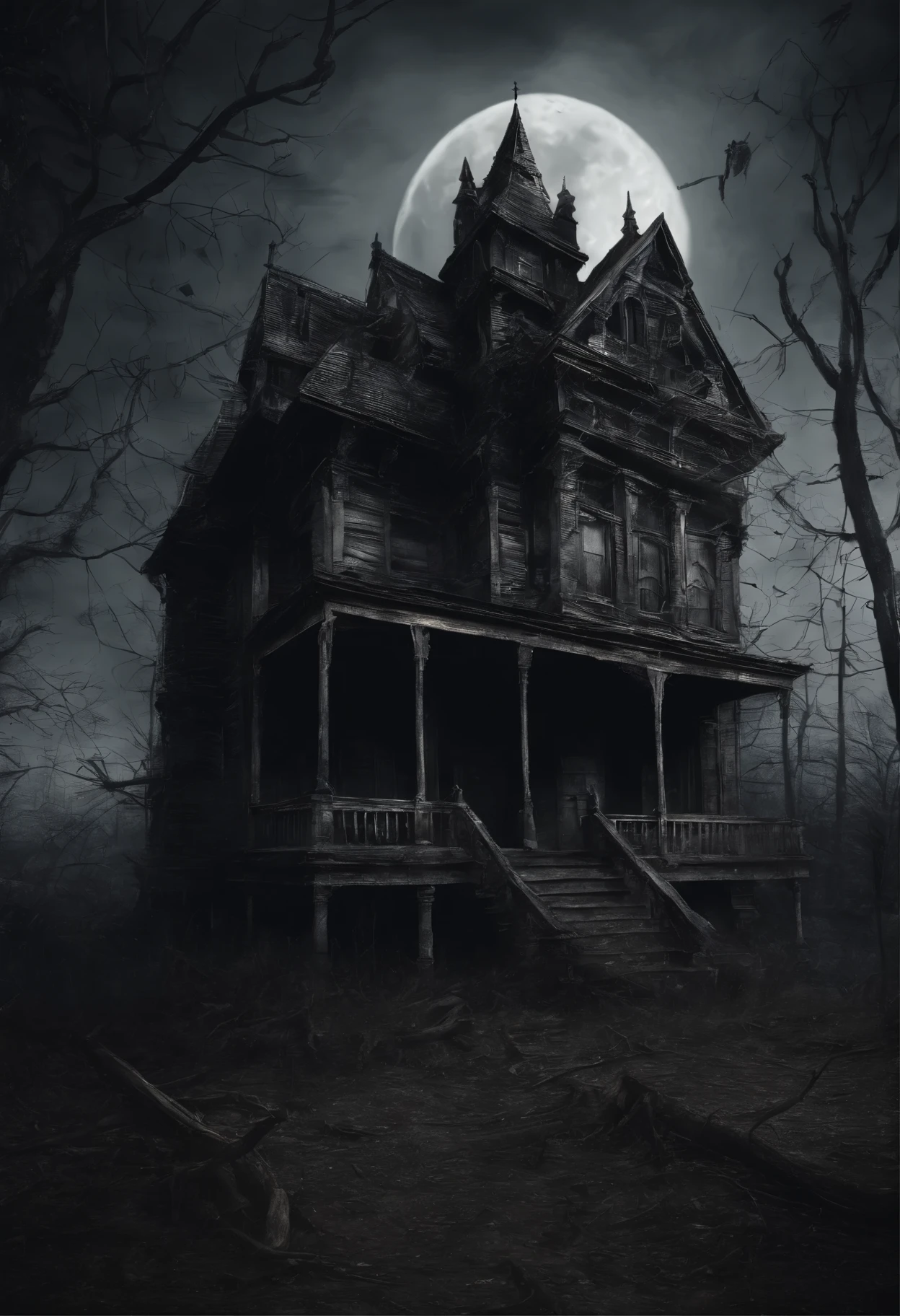 old dilapidated three-story wooden house in the distance with a balcony and terrace, the road to the house covered with the roots of old dried trees, night, big moon, bats, tense atmosphere, (Best Quality, 16K, Masterpiece, Ultra HD:1.3, Huge detail, hyper realistic, epic scale, insane level of details)