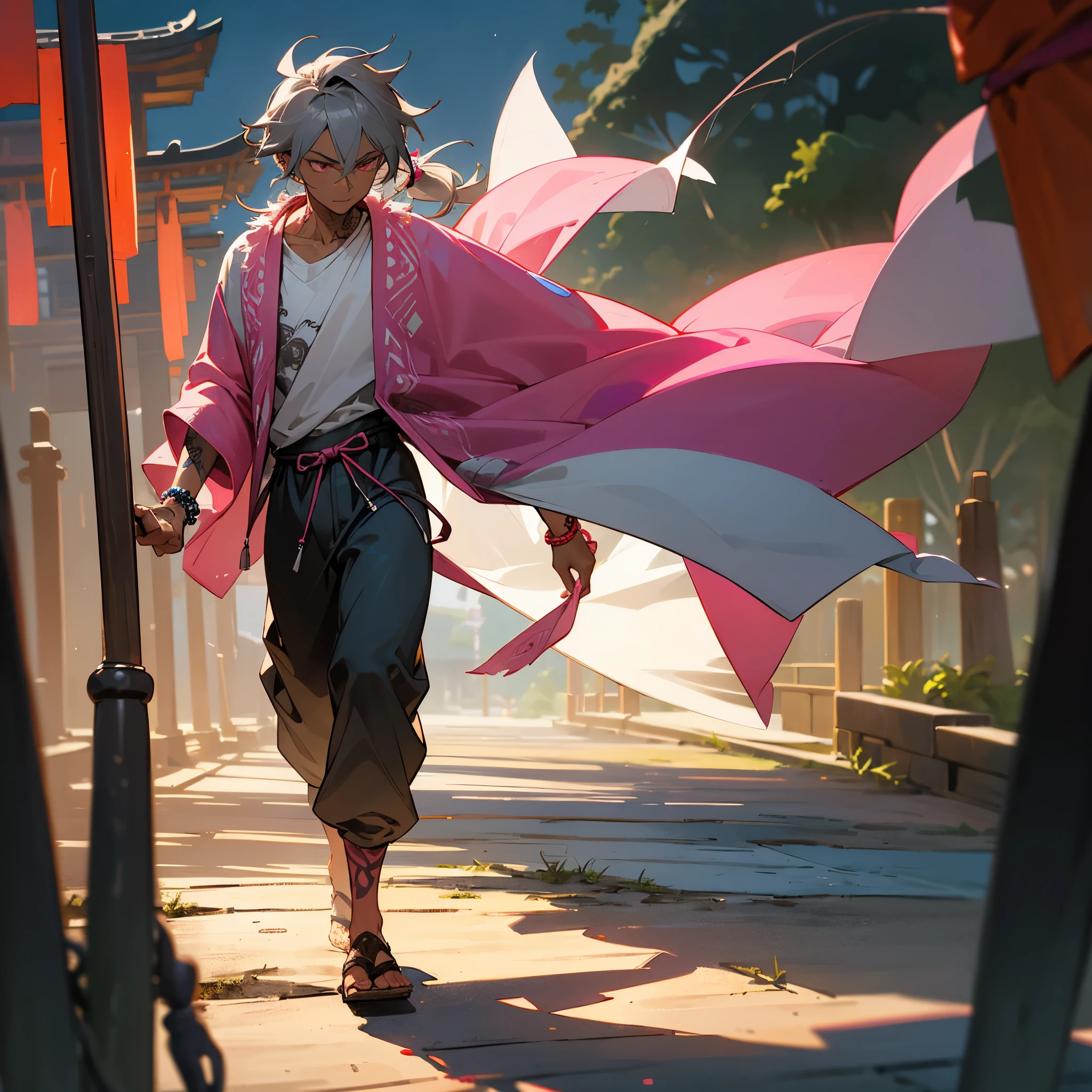 1male,  adult, dark skin, messy medium length grey hair in low ponytail, finely detailed bright pink eyes, walking down path, best light and shadows, loose undershirt shirt, loose fur poncho, loose jogging pants, adventurous clothing, prayer bead bracelet, tattoos, up close view, temple shrine, night time fishing village