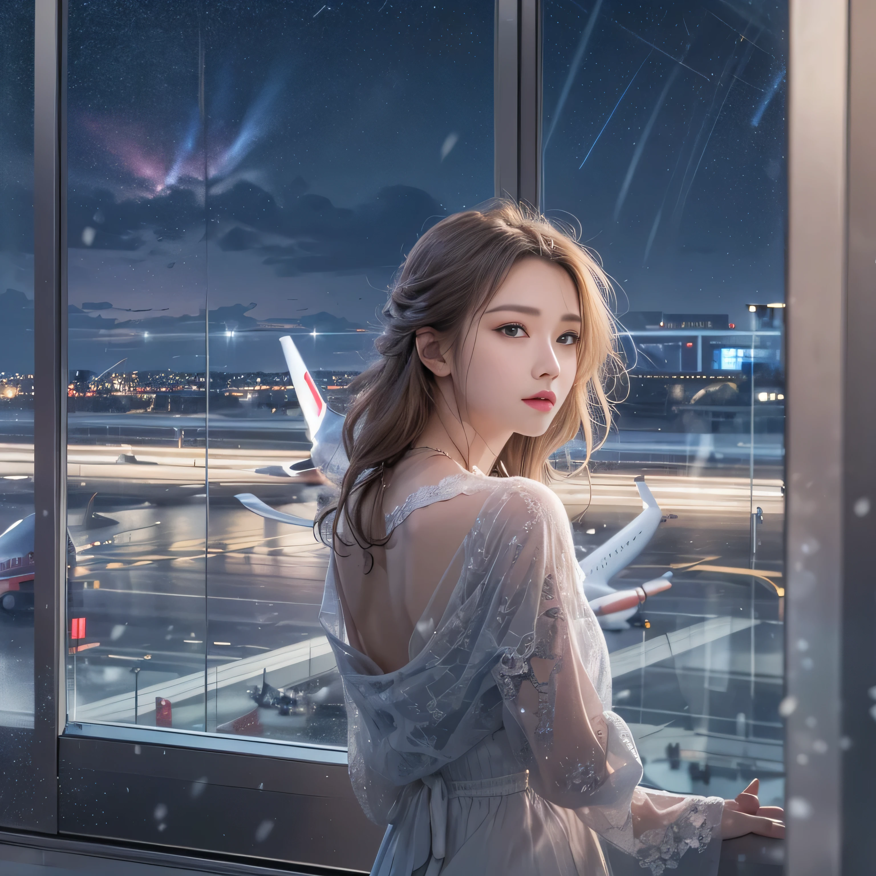highest quality、High resolution、Super detailed、masterpiece、(Live shooting:1.5)、genuine:1.5、photogenuineistic:1.5、very delicate and beautiful、small details、1 female、(european:1.8)、Early 20s、(super beautiful)、(super beautiful顔)、wearing makeup、(Standing in the airport departure lobby at night)、(The background is a night view of an airplane seen from the window and falling snow..)、(upper body shot)