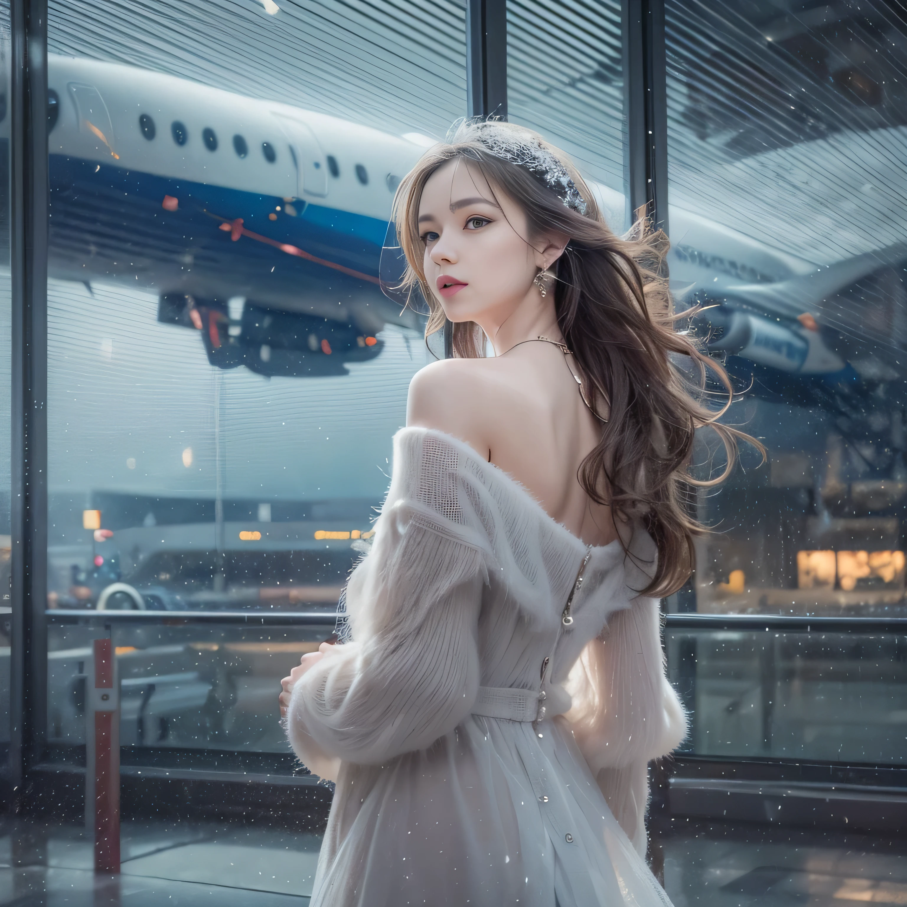highest quality、High resolution、Super detailed、masterpiece、(Live shooting:1.5)、genuine:1.5、photogenuineistic:1.5、very delicate and beautiful、small details、1 female、(european:1.8)、Early 20s、(super beautiful)、(super beautiful顔)、wearing makeup、(Standing in the airport departure lobby at night)、(The background is a night view of an airplane seen from the window and falling snow..)、(upper body shot)