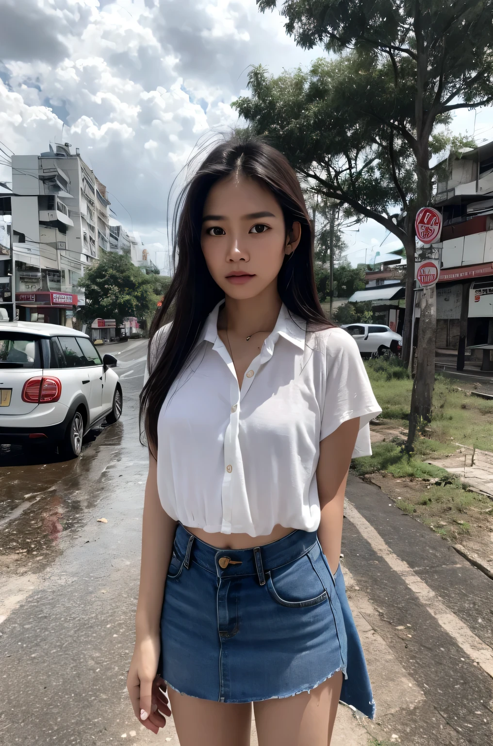 Thai Woman, look at viewer, long hair, shirt, mini skirt, rainy day, crying, grey clouds, busy city road, 