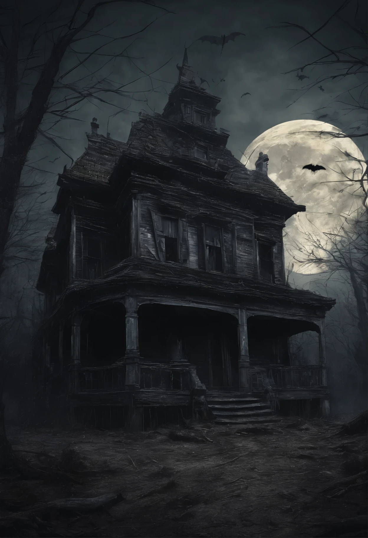 old dilapidated three-story wooden house in the distance with a balcony and terrace, the road to the house  covered with the roots of old dried trees, night, big moon, bats, tense atmosphere, (Best Quality, 16K, Masterpiece, Ultra HD:1.3, Huge detail, hyper realistic, epic scale, insane level of details)