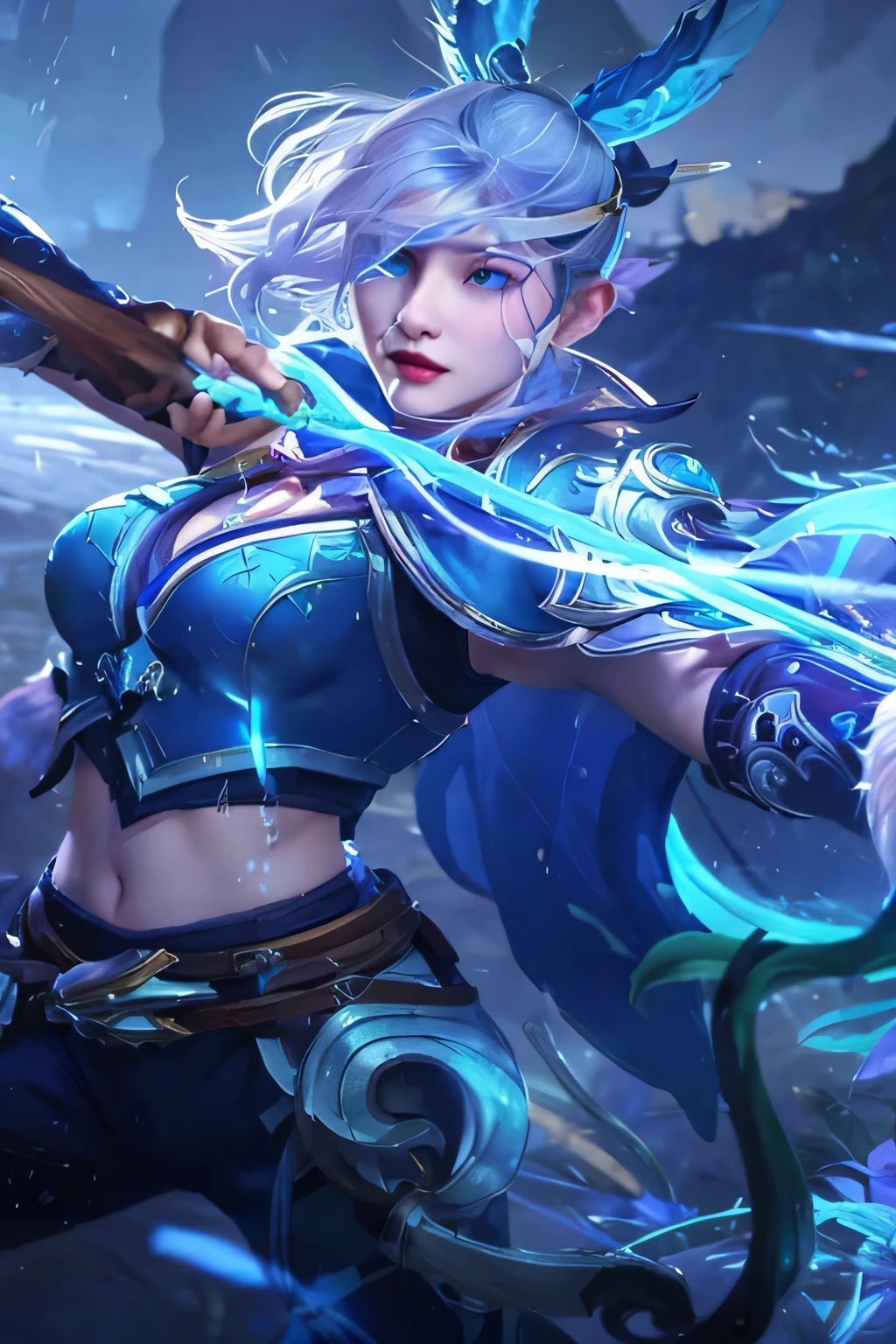 a close up of a woman with a bow and arrow in a blue outfit, realistic face, inspired by Lan Ying, splash art, character splash art, orianna, inspired by Ju Lian, heise jinyao, astri lohne, yun ling, iconic character splash art, ig model | artgerm, inspired by Shen Zhou, 8k high detailed art, highly detailed esquisite fanart