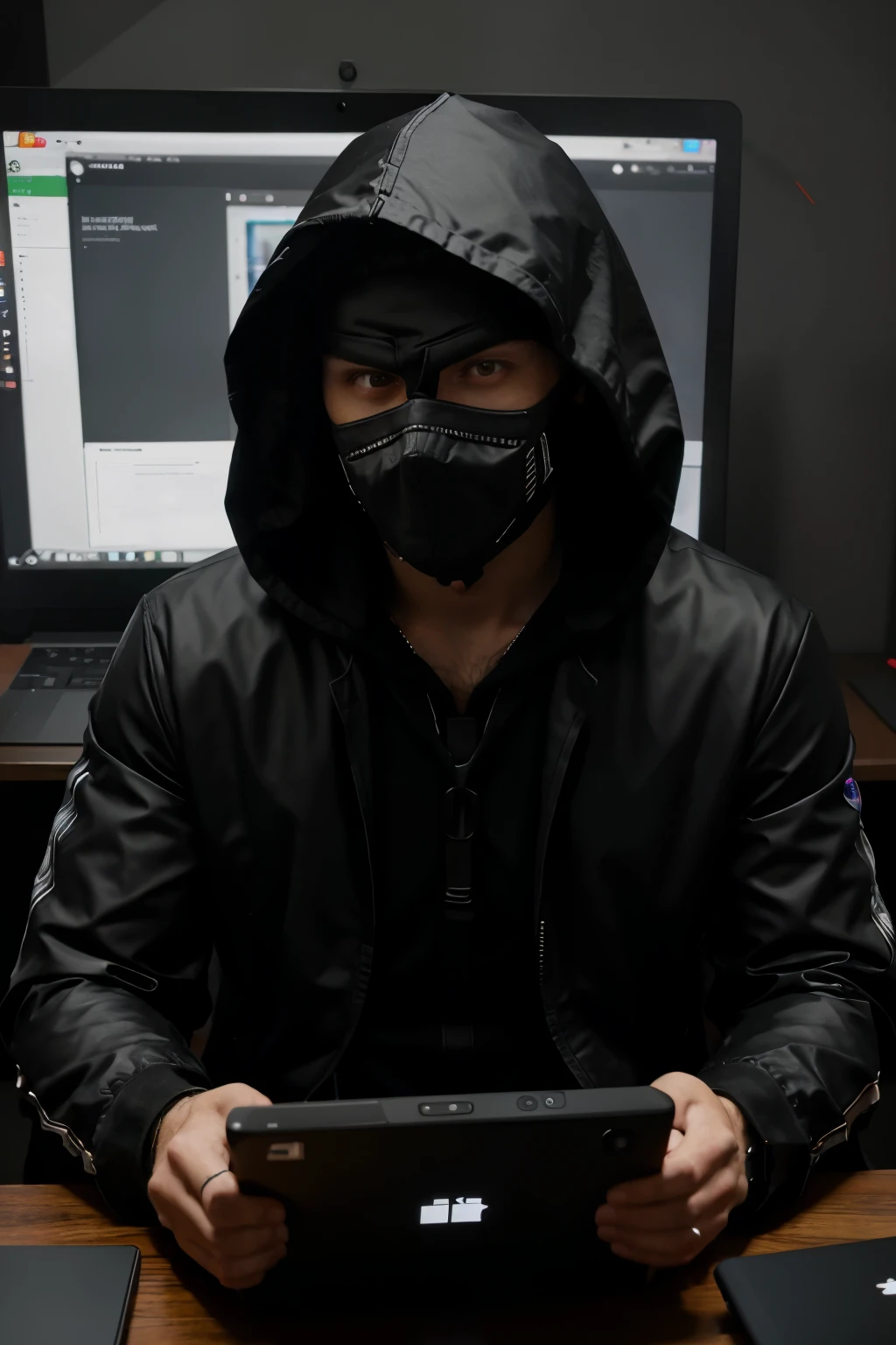 homem arafed em um capuz sentado em uma mesa com um laptop, ezio, hacker, ezio mask, hacker ciberpunk, , efeitos, no mainframe, viseira escura cobrindo o rosto, the origin of cyber times, o metaverso criptografado, ezio as a car, cyber style, cibernegro, na frente de um computador