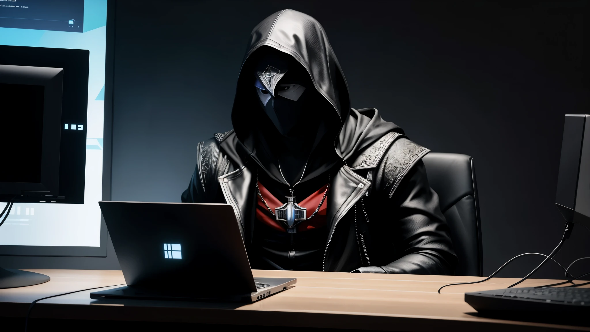 homem arafed em um capuz sentado em uma mesa com um laptop, ezio, hacker, ezio mask, hacker ciberpunk, , efeitos, no mainframe, viseira escura cobrindo o rosto, the origin of cyber times, o metaverso criptografado, ezio as a car, cyber style, cibernegro, na frente de um computador