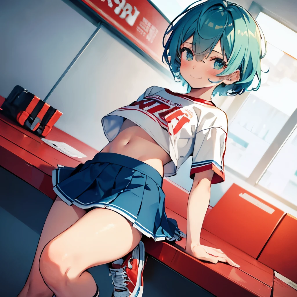 masterpiece, best quality, ultra-detailed illustration, 1boy, boy, Blushing, smiling, cheerleader, microskirt, crop top, showing stomach, showing underwear, stadium, night

1boy, aqua hair, spiked hair, short hair, red flat chest, white tshirt, sign on shirt, blue skirt, red sneakers, red shoes more_details:1.5