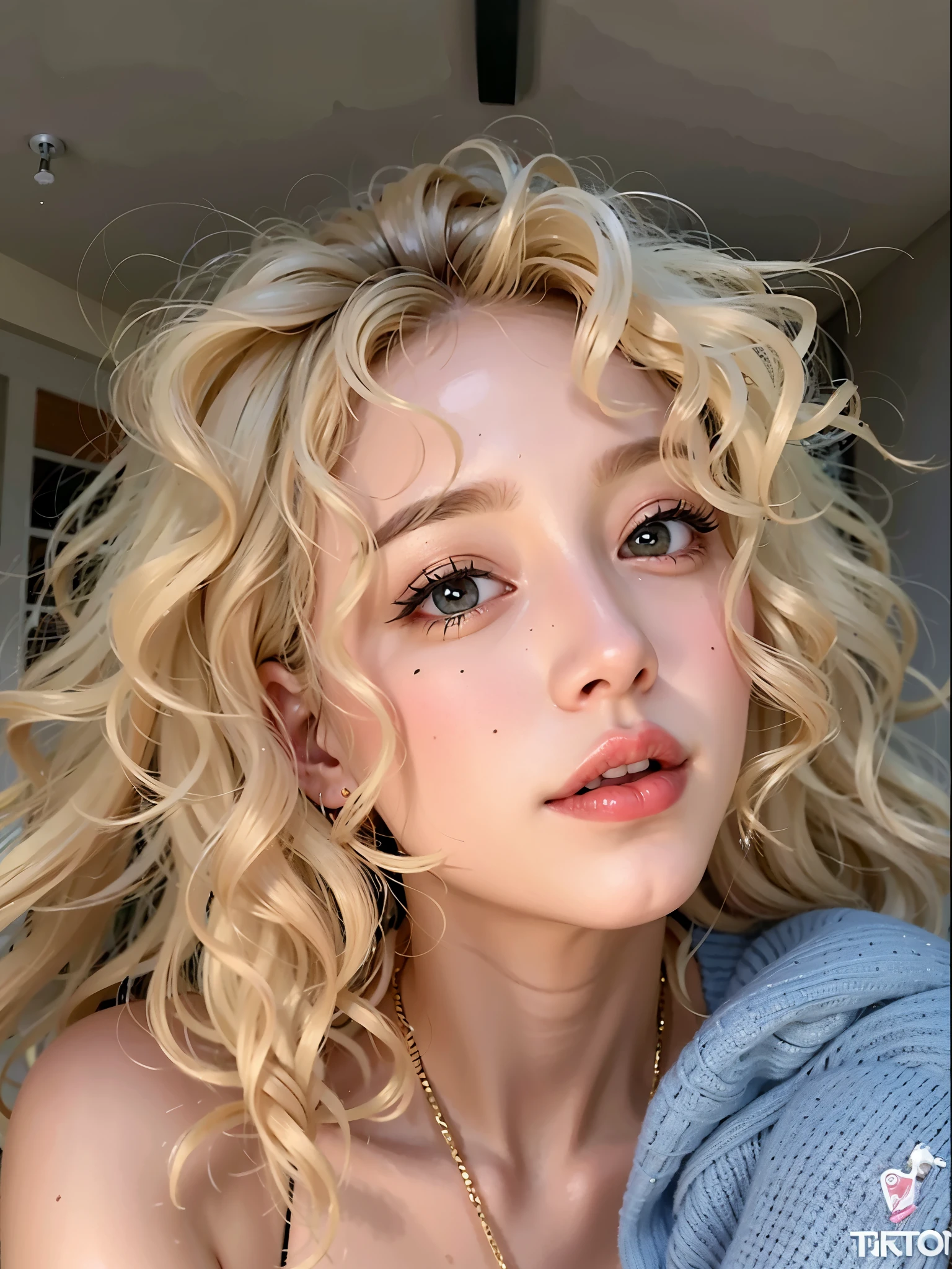 a close up of a woman with blonDe hair anD a blue sweater, curly blonDe hair | D & D, pale skin curly blonD hair, blonDe curly hair, flequillo rizado, blonD curly hair, short curly blonDe haireD girl, curly blonDe hair, Cabello blanco rizado, long fluffy blonD curly hair, curly blonD, curly blonD hair, maquillaje popular de corea del sur