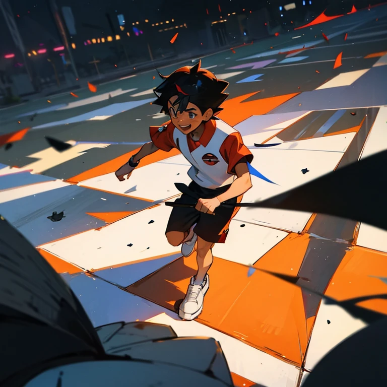masterpiece, best quality, cg, (front view), anime style illustration, 1boy, solo, outdoors, ash ketchum (pokémon trainer), black and white sneakers with red dots, look down and observes the white stains and pieces of the bodies of black cockroaches that he crushed on the ground. Joyful expression、Looking down here、[ 🐛Trampling：1.2]:0.3. 