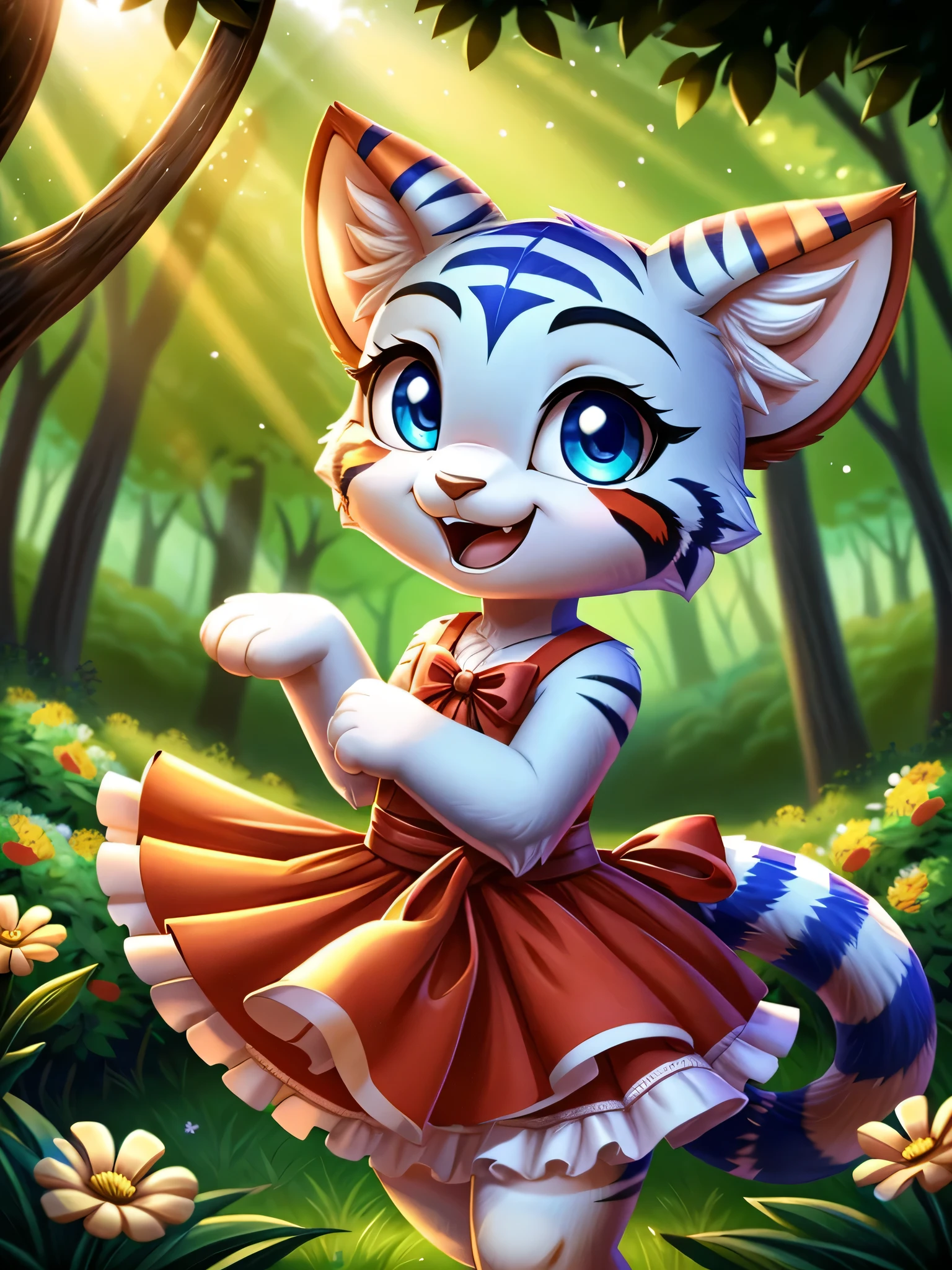 zoomed out image, cute style art, fantasy style art, cute, adorable, short character, small, tiny little female tiger with blue eyes, long eyelashes, long tail, wearing a red frilly ribbon dress, smiling, standing in a colorful fantasy forest, soft tones, big expressive smile, open mouth, wide eyes, excited eyes, excited face, stunning visuals, sunlight coming through the trees, flowers scattered in the bushes, butterflies in the air, digital illustration