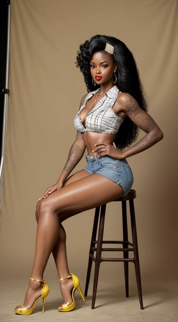 Detailed and realistic depictions of a lush 22-year-old afro woman radiating a distinctive pin-up style. Long, straight hair. Yellow sandals with transparent stiletto heels, plaid blouse and small, light denim shorts. Extremely sexy. realist. Although the classic features are present, the pin-up talent is undeniable. Artistic tattoos add a contemporary touch. Their postures and expressions, combined with their pin-up looks, create a fusion between classic vintage and contemporary. White photo studio background, hot session. ultra-realistic photography.