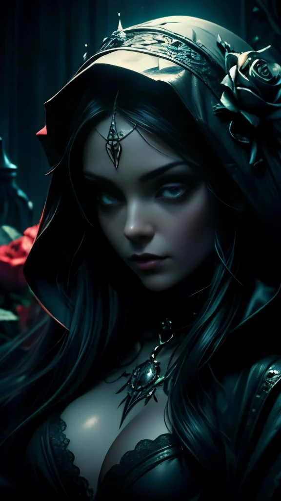 ((Masterpiece)), ((best quality)), ((close-up: 1.0))a woman with a hood and roses in her hair, Dark fantasy art style, in the style of dark fantasy art, gothic fantasy art, dark fantasy art, dark fantasy art, gothic maiden, she is the queen of black roses, Fantasy dark mixed with realism, Dark fantasy style, gothic maiden of the dark, gothic art, Dark but detailed digital art, dark fantasy artwork