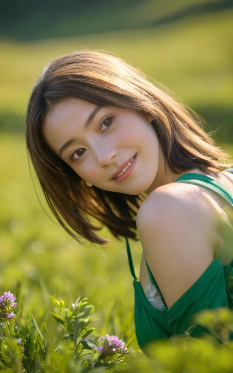 top of the highest quality, Realistic, Perfect human body structure, Lush green valley dotted with grazing sheep, Raw photography, Wildflowers and enchanting meadows, Professional Lighting, Luminescent, depth of fields, Single focal length, ((Full body)), Smile, Brown hair, small head, Big breasts, Baby face, Beautiful eyes, Real Face, Realistic skin, Detailed eyeashionable hairstyle: 1.3), hposing Gravure Idol, absurderes、incredibly absurd retremely fine,