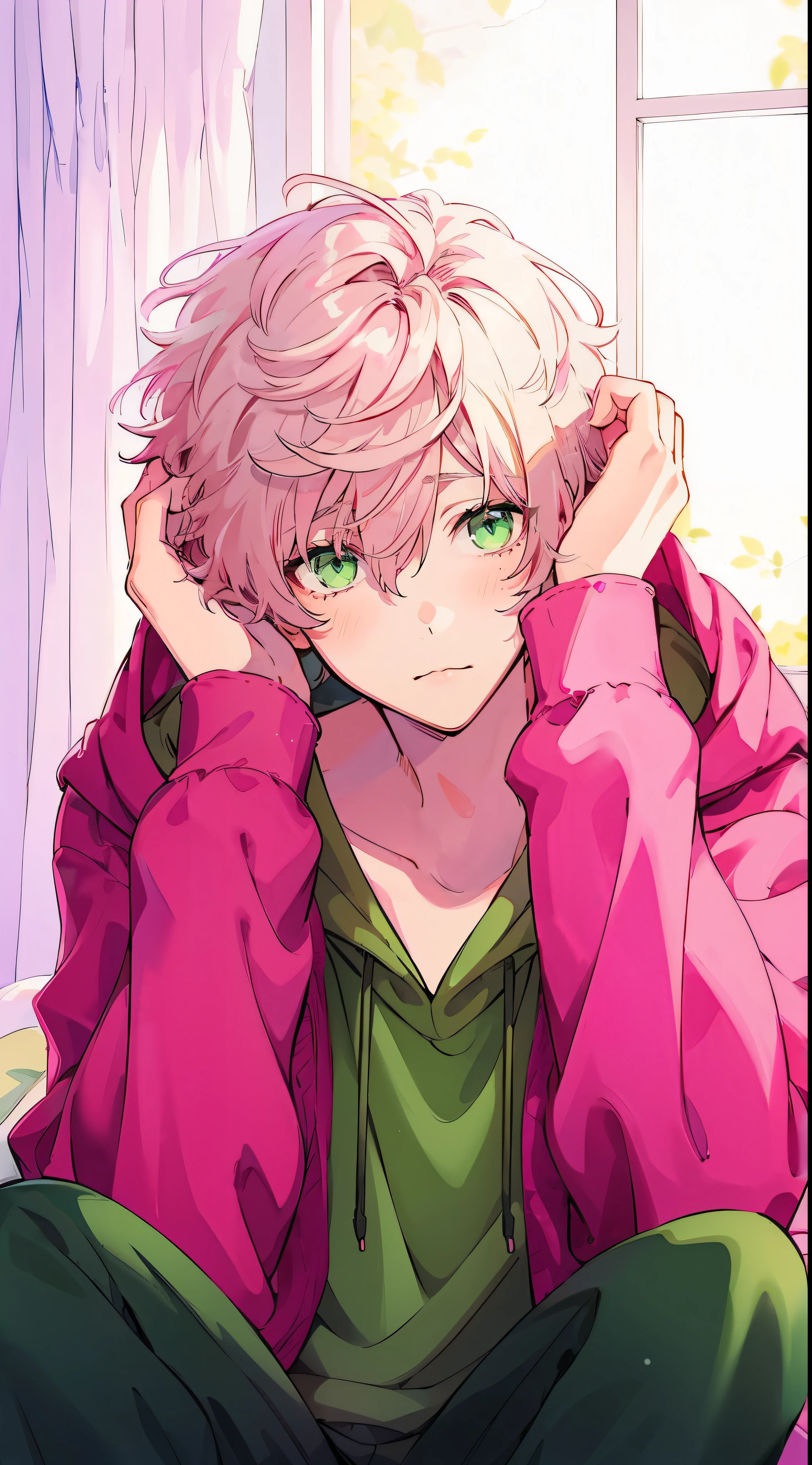 beautiful young man, pink hair, green eyes, fluffy hair, scratching head, green hoodie, Cute room, sitting on the bed,Japanese anime, clear line drawing, transparent watercolor, clear shading, high quality, Amount to draw, pixiv illustration