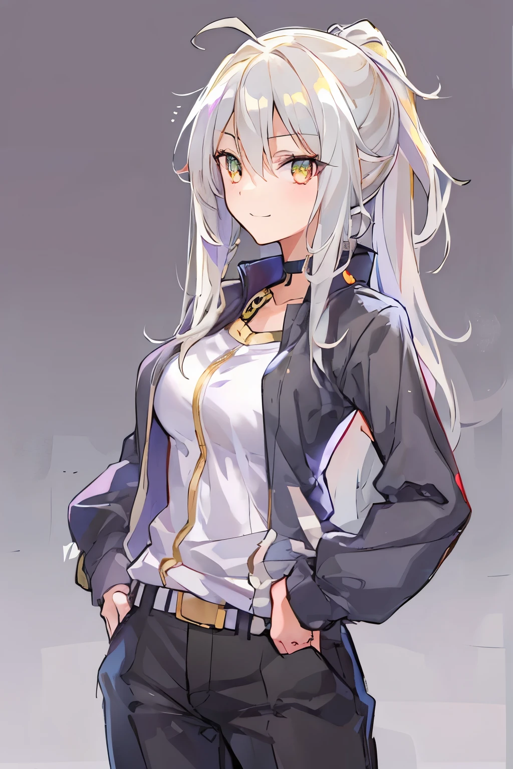 1girl, {solo}, upper body ,{{ {looking at viewer}}},{{{golden pupil}}}, arm at side, concept art, white background, simple background, white hair, silver gradiient hair , gold eye,complex cloth, asymmetrical clothes, virtual youtuber, best quality, masterpiece, dynamic angle, disgaea style, disgaea style, disgaea style, from above, leaning forward, high ponytail, cowboy_shot, looking_back, grabbing, girl,woman,female, young,20 years old, very long hair, flipped hair, silver hair, flowing hair, ahoge, smirk, beautiful and delicate golden eyes, teeth, medium_breasts, blonde eyes, grey Clothes, grey coat, whiteshirt, black trousers, open jacket, black Clothes,transparent_background, backlighting, absurdres, highres, ultra detailed,