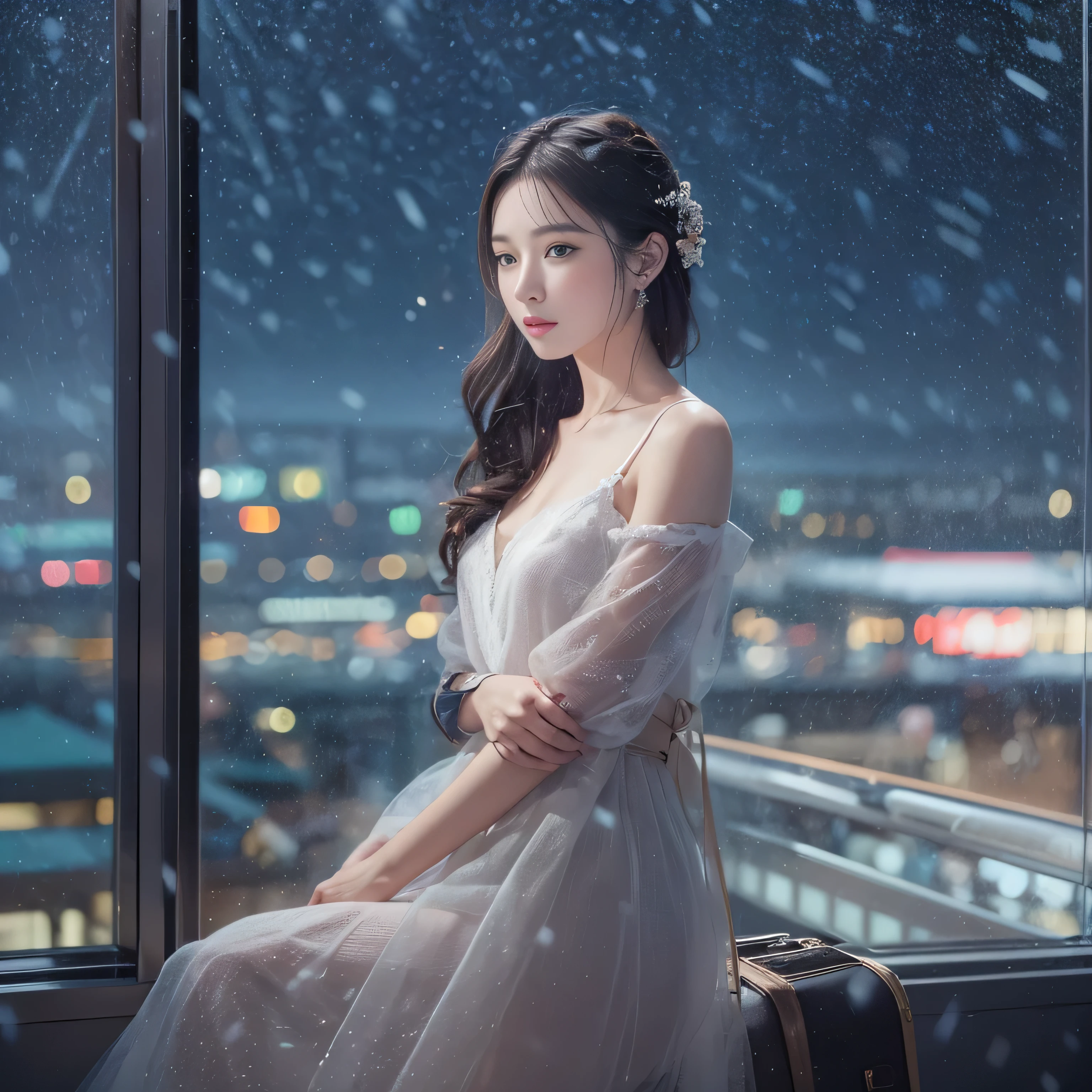 highest quality、High resolution、Super detailed、masterpiece、(Live shooting:1.5)、genuine:1.5、photogenuineistic:1.5、very delicate and beautiful、small details、1 female、Early 20s、(super beautiful)、(super beautiful顔)、wearing makeup、(Standing in the airport departure lobby at night)、(The background is a night view of an airplane seen from the window and falling snow..)、(upper body shot)