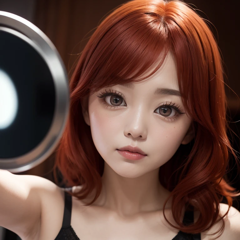 Closeup of a red haired woman with waves posing in the mirror taking a selfie Korean big eyes in a black top