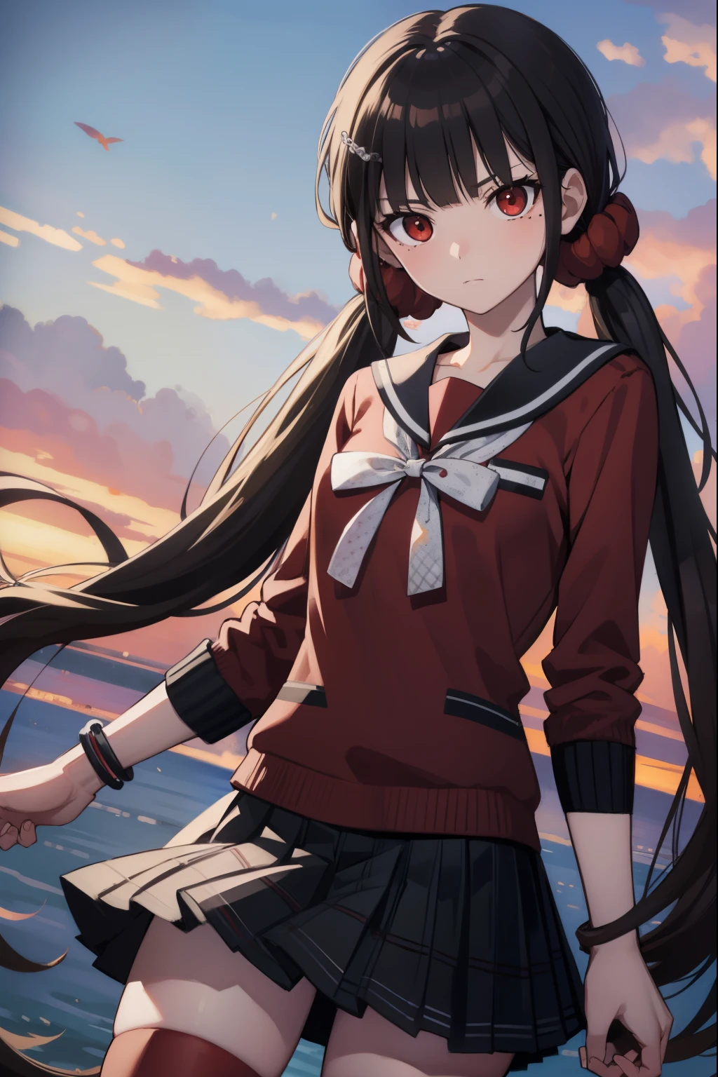 makiharukawa, harukawa maki, long hair, bangs, brown hair, black hair, hair ornament, (red eyes:1.5), twintails, very long hair, hairclip, blunt bangs, mole under eye, low twintails, scrunchie, hair scrunchie, red scrunchie, (small breast:1.2), BREAK skirt, shirt, thighhighs, long sleeves, bow, school uniform, pleated skirt, serafuku, miniskirt, black skirt, sailor collar, mole, bracelet, zettai ryouiki, plaid, plaid skirt, red shirt, black sailor collar, red thighhighs, BREAK looking at viewer, BREAK outside, beach, BREAK (masterpiece:1.2), best quality, high resolution, unity 8k wallpaper, (illustration:0.8), (beautiful detailed eyes:1.6), extremely detailed face, perfect lighting, extremely detailed CG, (perfect hands, perfect anatomy),