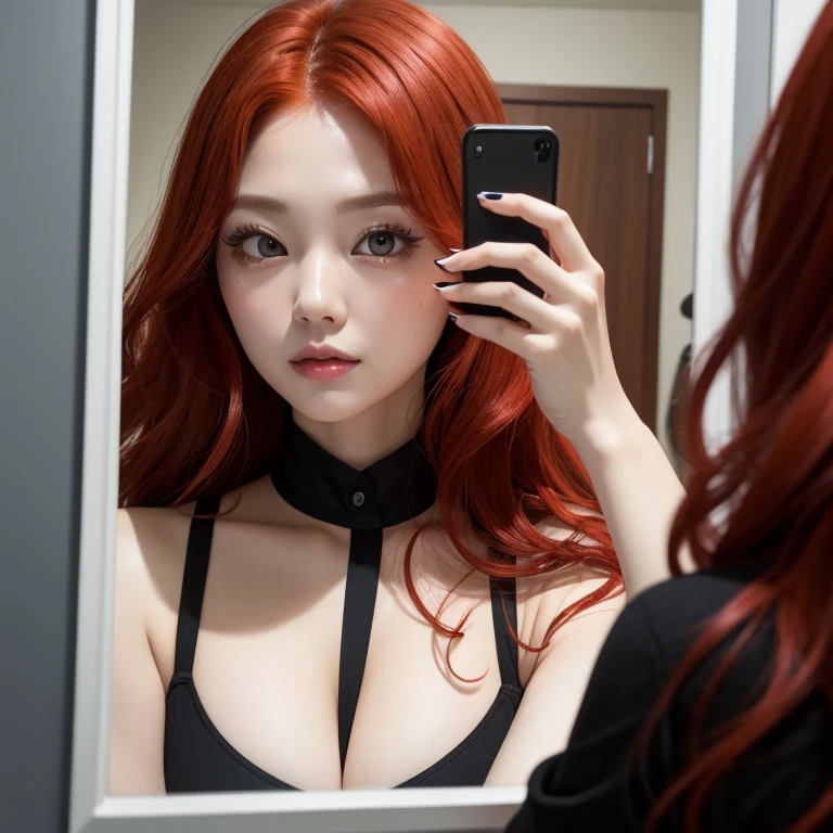 Close-up of a red-haired woman with waves posing in the mirror taking a selfie Korean big eyes in a black top posing standing