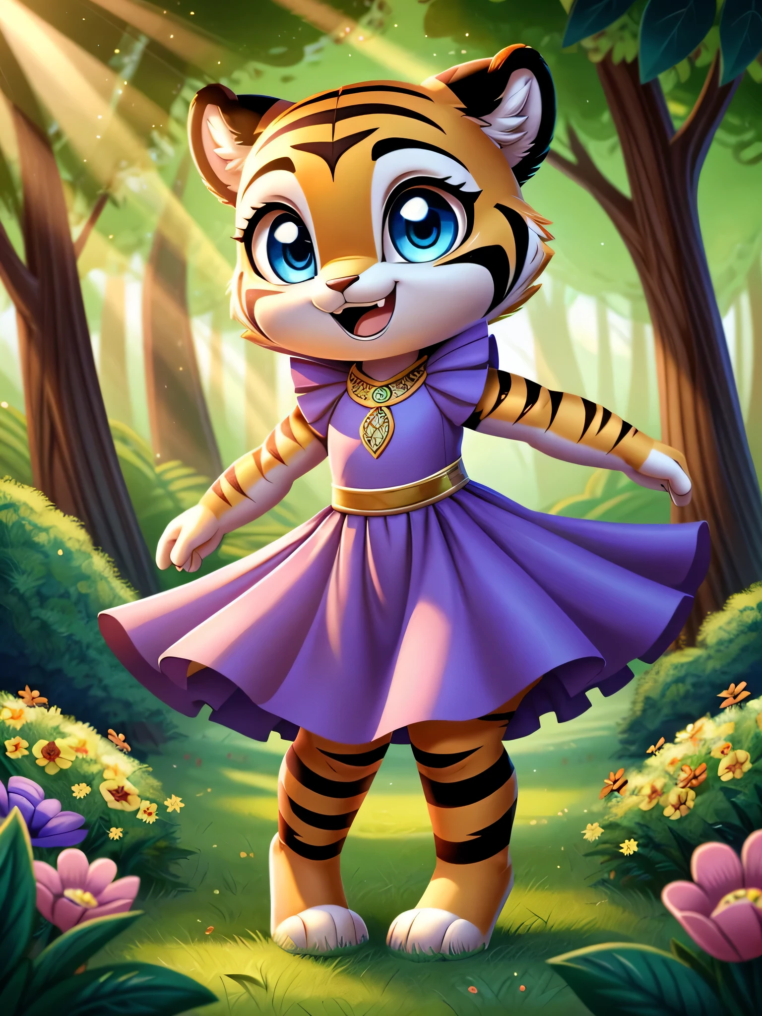 zoomed out image, cute style art, fantasy style art, cute, adorable, short character, small, skinny, beautiful, tiny little female orange tiger with blue eyes, long eyelashes, long tail, wearing a fancy purple dress with gold designs, smiling, standing in a colorful fantasy forest, soft tones, big expressive smile, open mouth, wide eyes, excited eyes, excited face, stunning visuals, sunlight coming through the trees, flowers scattered in the bushes, butterflies in the air, digital illustration