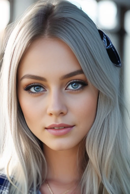 arafed woman with blue eyes and a plaid shirt, ukrainian girl, very pretty face, anna nikonova aka newmilky, perfect white haired girl, portrait sophie mudd, she has blue eyes, blue grey eyes, extremely beautiful face, girl silver hair, pretty girl with blue hair, gorgeous attractive face, pretty blueeyes, light grey-blue eyes