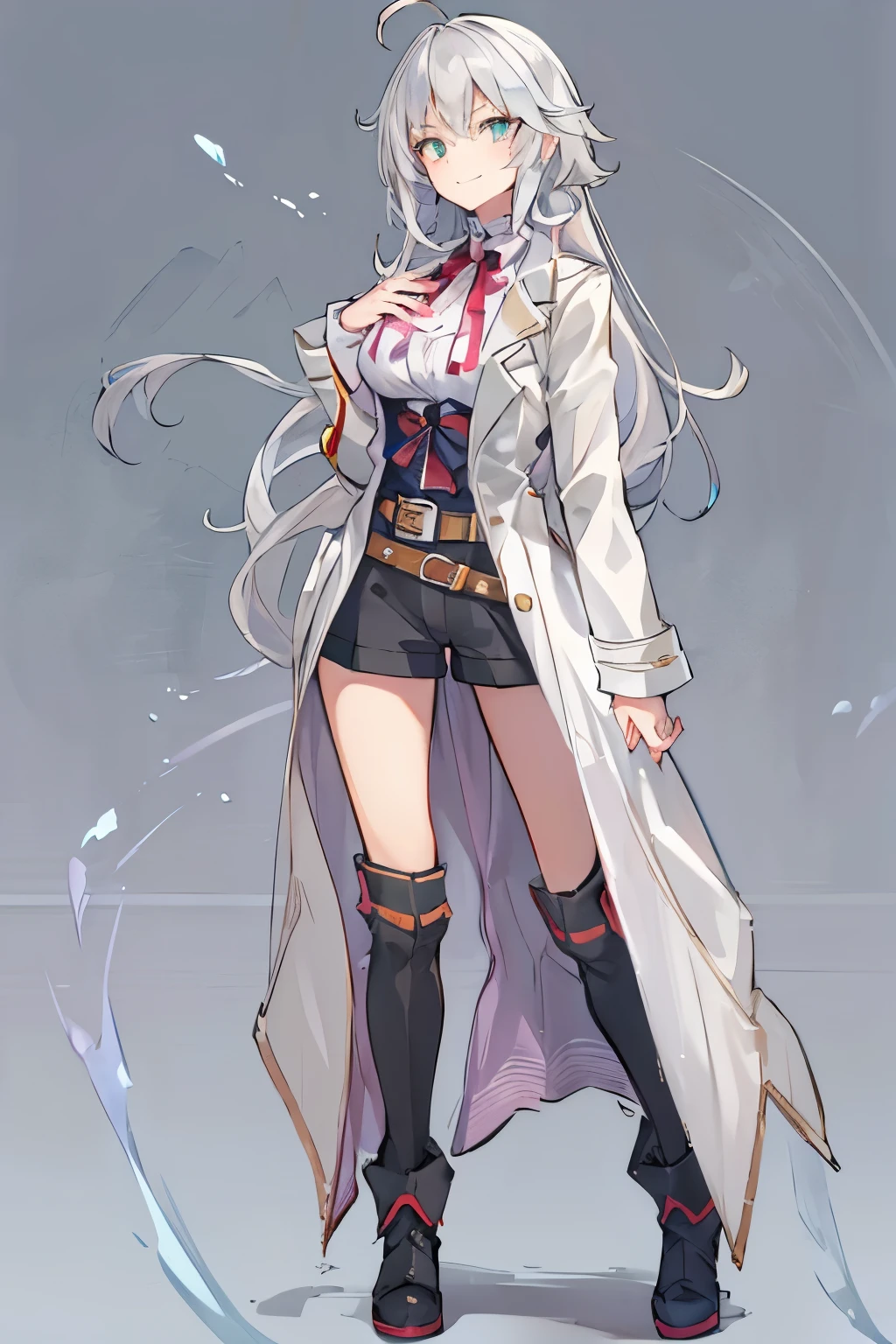 1girl, {solo}, upper body ,{{ {looking at viewer}}},{{{golden pupil}}}, arm at side, concept art, white background, simple background, white hair, silver gradiient hair , gold eye,complex cloth, asymmetrical clothes, virtual youtuber, best quality, masterpiece, dynamic angle, disgaea style, disgaea style, disgaea style, from above, leaning forward, high ponytail, cowboy_shot, looking_back, grabbing, girl,woman,female, young,20 years old, very long hair, flipped hair, silver hair, flowing hair, ahoge, smirk, beautiful and delicate golden eyes, teeth, medium_breasts, blonde eyes, grey Clothes, grey coat, whiteshirt, black trousers, open jacket, black Clothes,transparent_background, backlighting, absurdres, highres, ultra detailed,