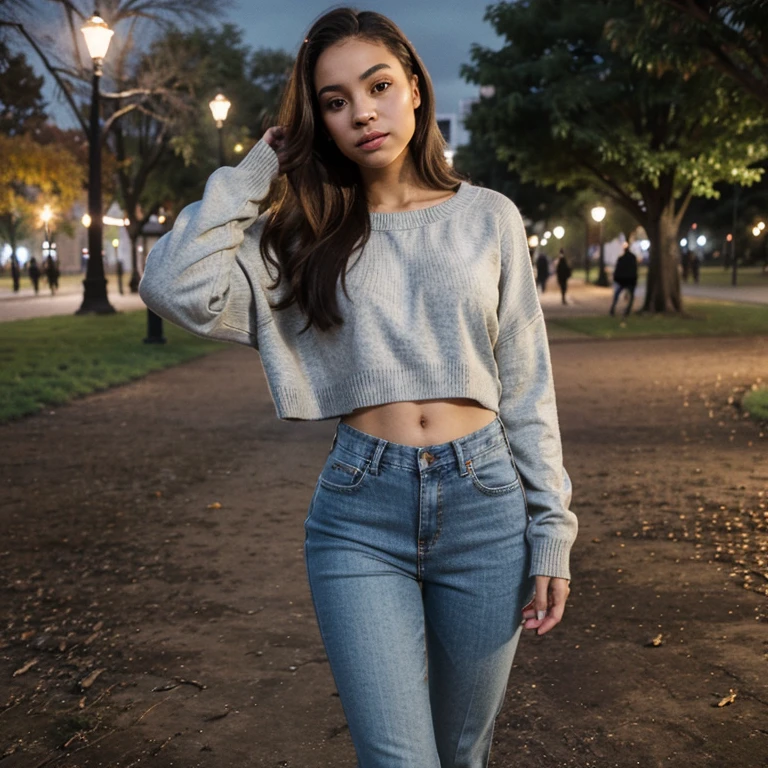 22 year old light skinned woman wearing jeans and a loose sweater in the park at night