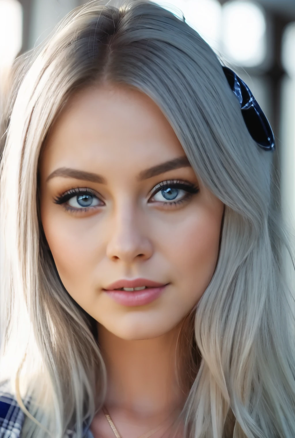 arafed woman with blue eyes and a plaid shirt, ukrainian girl, very pretty face, anna nikonova aka newmilky, perfect white haired girl, portrait sophie mudd, she has blue eyes, blue grey eyes, extremely beautiful face, girl silver hair, pretty girl with blue hair, gorgeous attractive face, pretty blueeyes, light grey-blue eyes