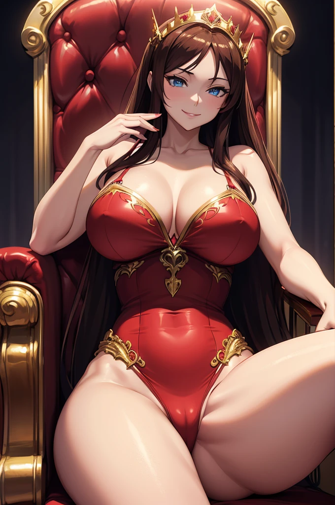 one Rebecca in red lingerie with gold accents, sitting on a throne, long brown hair, blue eyes, large boobs, sexy hourglass figure, sadistic but seductive smile, extremely detailed artgerm, beautiful alluring anime woman, seductive anime girl, detailed digital anime art, [ 4 k digital art ]!!