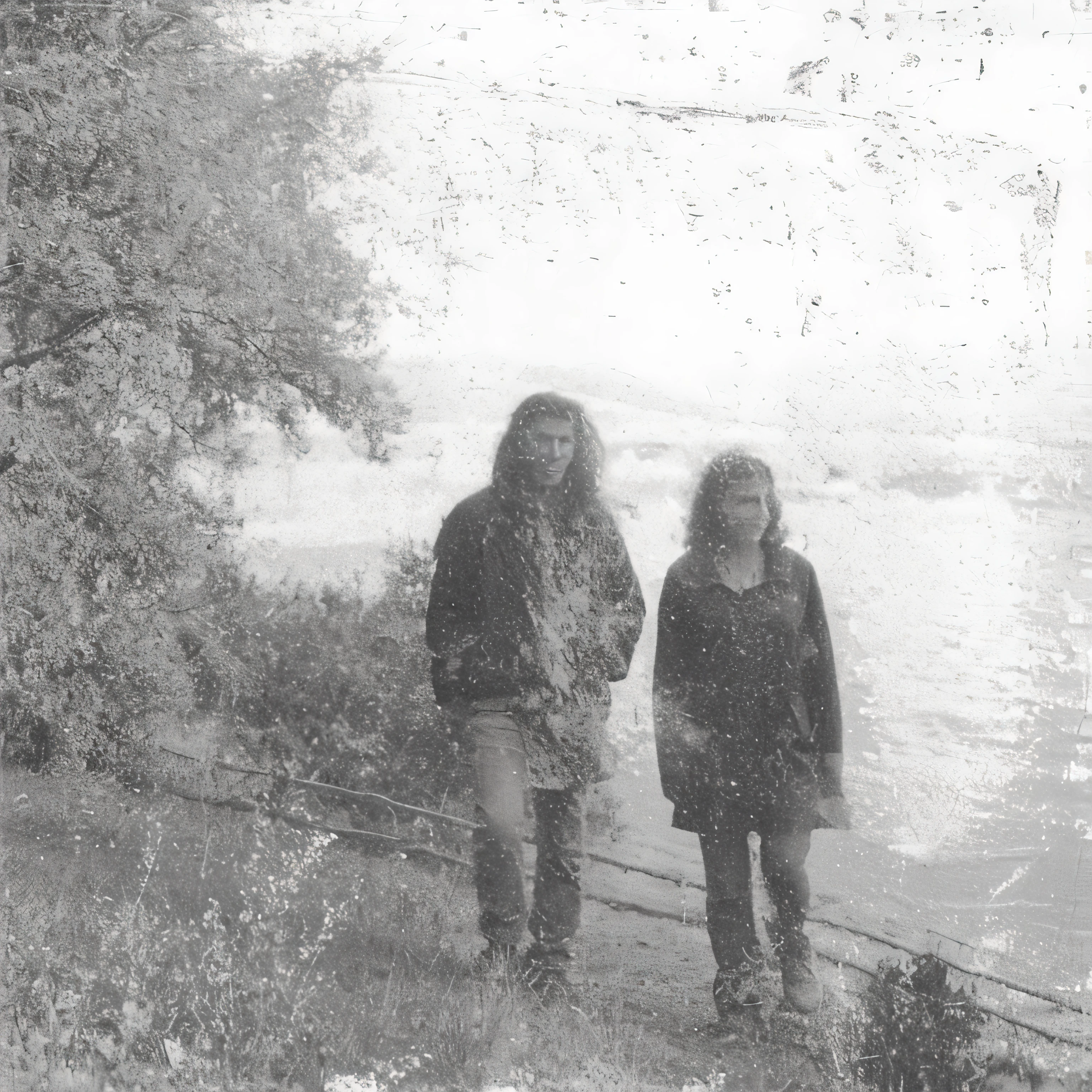 hay dos personas caminando por un sendero cerca de un cuerpo de agua, damaged grainy photo, granulado de baja calidad photograph, foto granulada en blanco y negro, foto granulada en blanco y negro, granulado de baja calidad, imagen muy granulada, grainy monochrome photo, low quality photography, imagen granulada pesada, misterioso espiritual granulado, foto granulada