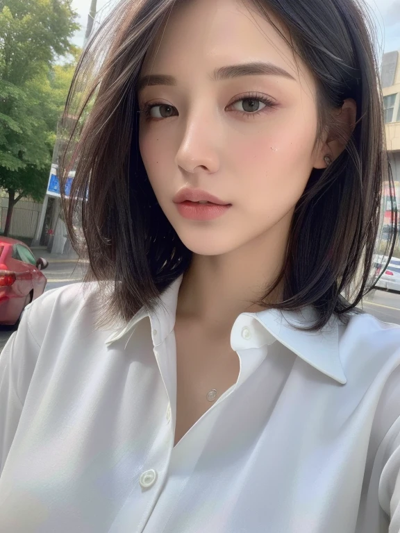 ((Best Quality, 8K, Masterpiece: 1.3)), Sharp: 1.2, Perfect Body Beauty: 1.4, Slim Abs: 1.2, ((Layered Hairstyle, Big Breasts: 1.2)), (Wet White Button Long Shirt: 1.1), (Rain, Street: 1.2), Wet: 1.5, Highly detailed face and skin texture, detailed eyes, double eyelids, side face looking at the camera
