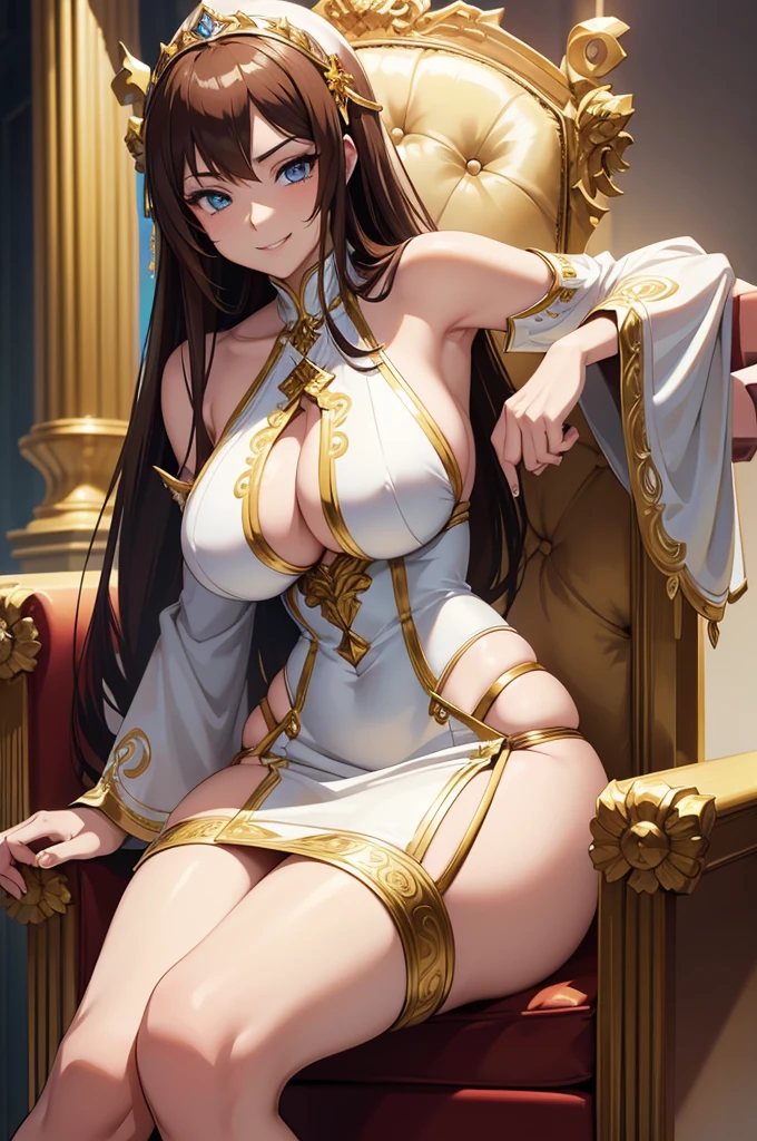 one Rebecca in white lingerie with gold accents, sitting on a throne, long brown hair, blue eyes, large boobs, sexy hourglass figure, sadistic but seductive smile, extremely detailed artgerm, beautiful alluring anime woman, seductive anime girl, detailed digital anime art, [ 4 k digital art ]!!