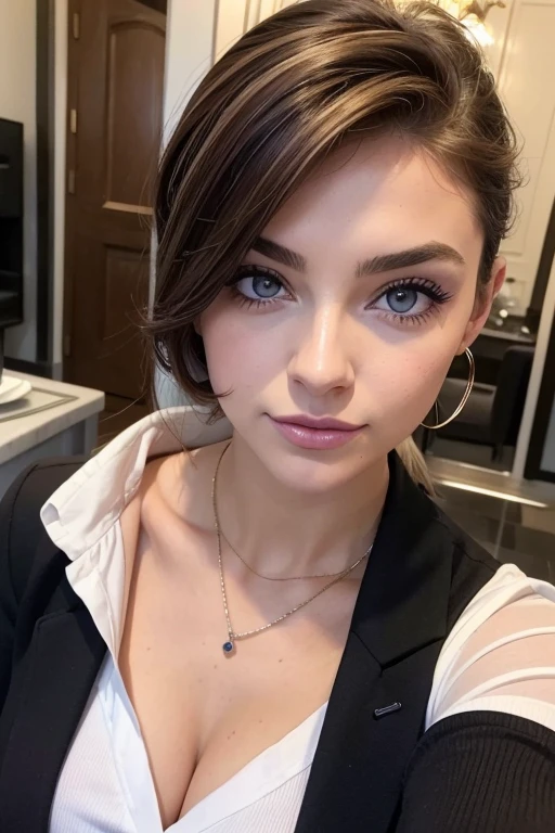 Belle fille, Marron_eyeeautiful mince adolescente de 18 ans, cheveux color [Brown highlights cheveux], [Pixie undercut] cheveux)), boucles d’oreilles, lèvres, Réaliste, taille étroite, charmant, pink lèvrestick, maquillage coloré, Cils longs, boucles d’oreilles, porter de l’eye-liner, peau claire, (mignon), (face détaillée), Yeux détaillés, Iris détaillé, Photo de profil professionnel, restaurant chic, s’appuyant sur la porte, style hôtel parisien, Porter un blazer noir